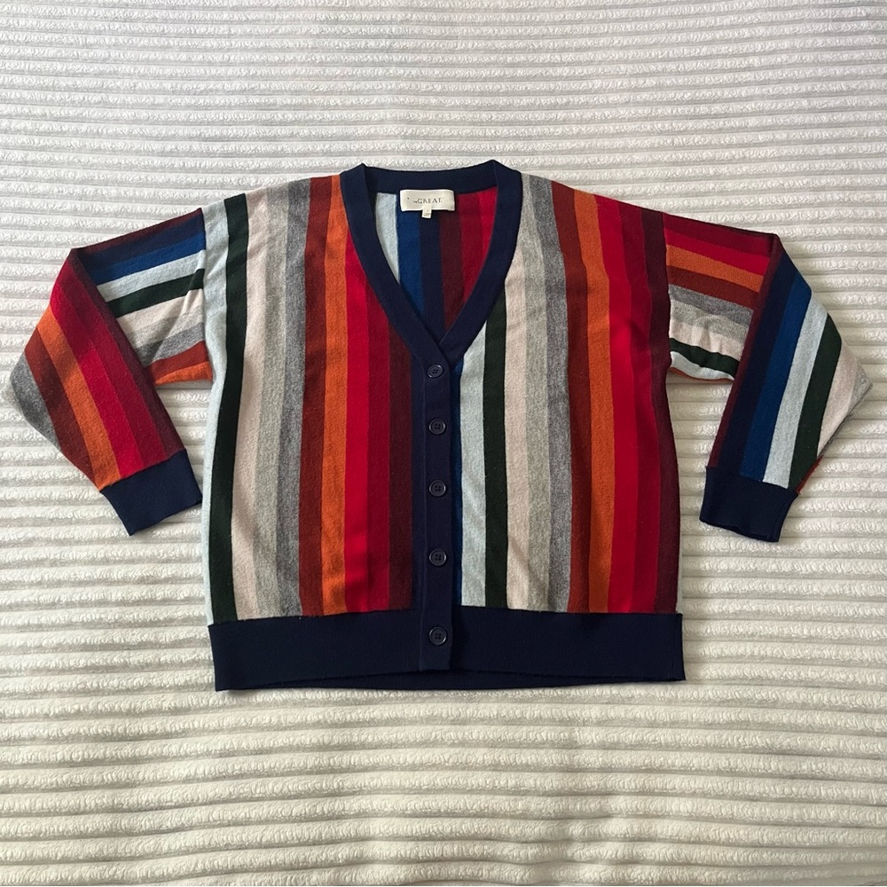 THE GREAT. Multicolor Striped V-Neck Cardigan with Navy Trim